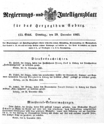 Regierungs- und Intelligenzblatt für das Herzogtum Coburg (Coburger Regierungs-Blatt) Dienstag 29. Dezember 1863