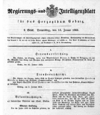 Regierungs- und Intelligenzblatt für das Herzogtum Coburg (Coburger Regierungs-Blatt) Donnerstag 14. Januar 1864