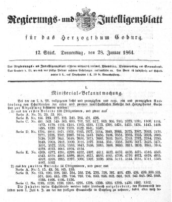 Regierungs- und Intelligenzblatt für das Herzogtum Coburg (Coburger Regierungs-Blatt) Donnerstag 28. Januar 1864