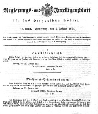 Regierungs- und Intelligenzblatt für das Herzogtum Coburg (Coburger Regierungs-Blatt) Donnerstag 4. Februar 1864