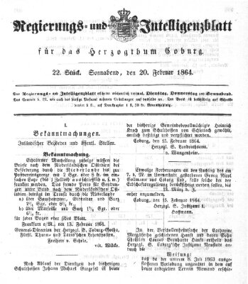 Regierungs- und Intelligenzblatt für das Herzogtum Coburg (Coburger Regierungs-Blatt) Samstag 20. Februar 1864