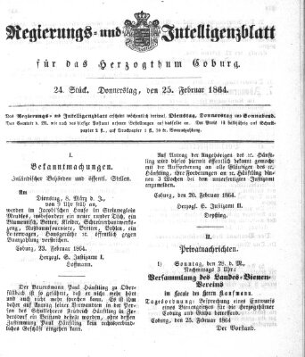 Regierungs- und Intelligenzblatt für das Herzogtum Coburg (Coburger Regierungs-Blatt) Donnerstag 25. Februar 1864