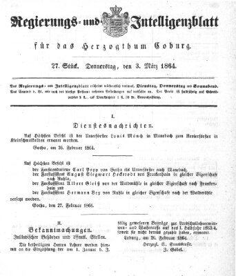 Regierungs- und Intelligenzblatt für das Herzogtum Coburg (Coburger Regierungs-Blatt) Donnerstag 3. März 1864