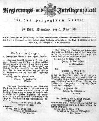 Regierungs- und Intelligenzblatt für das Herzogtum Coburg (Coburger Regierungs-Blatt) Samstag 5. März 1864