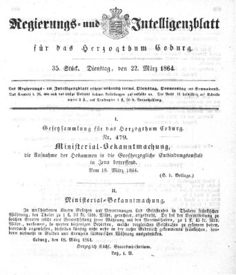 Regierungs- und Intelligenzblatt für das Herzogtum Coburg (Coburger Regierungs-Blatt) Dienstag 22. März 1864