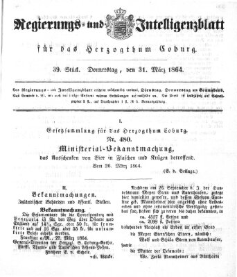 Regierungs- und Intelligenzblatt für das Herzogtum Coburg (Coburger Regierungs-Blatt) Donnerstag 31. März 1864