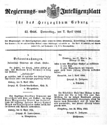 Regierungs- und Intelligenzblatt für das Herzogtum Coburg (Coburger Regierungs-Blatt) Donnerstag 7. April 1864