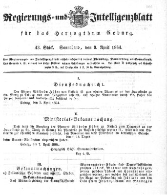 Regierungs- und Intelligenzblatt für das Herzogtum Coburg (Coburger Regierungs-Blatt) Samstag 9. April 1864