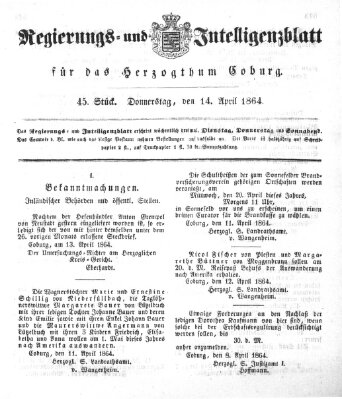 Regierungs- und Intelligenzblatt für das Herzogtum Coburg (Coburger Regierungs-Blatt) Donnerstag 14. April 1864