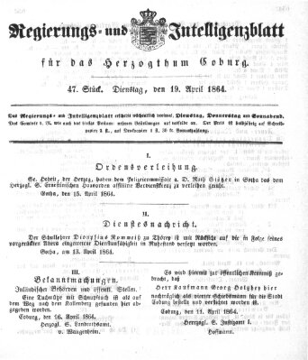 Regierungs- und Intelligenzblatt für das Herzogtum Coburg (Coburger Regierungs-Blatt) Dienstag 19. April 1864