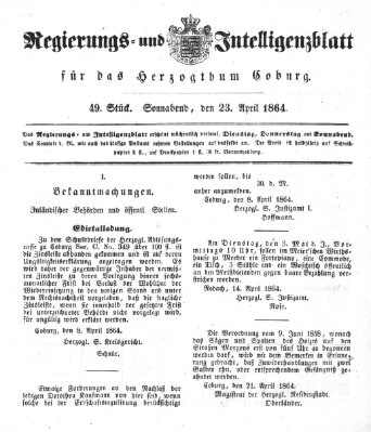 Regierungs- und Intelligenzblatt für das Herzogtum Coburg (Coburger Regierungs-Blatt) Samstag 23. April 1864