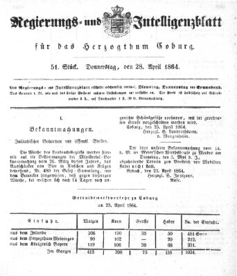 Regierungs- und Intelligenzblatt für das Herzogtum Coburg (Coburger Regierungs-Blatt) Donnerstag 28. April 1864