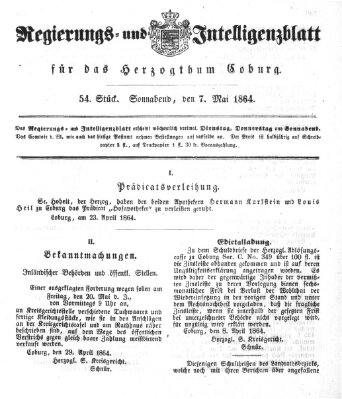 Regierungs- und Intelligenzblatt für das Herzogtum Coburg (Coburger Regierungs-Blatt) Samstag 7. Mai 1864