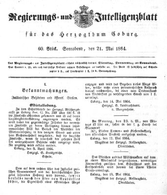 Regierungs- und Intelligenzblatt für das Herzogtum Coburg (Coburger Regierungs-Blatt) Samstag 21. Mai 1864