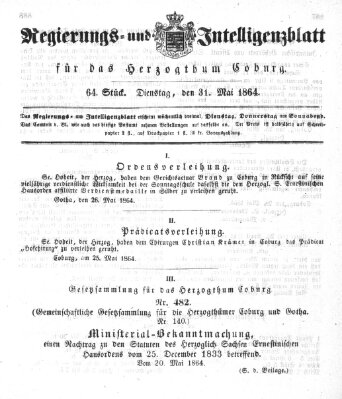 Regierungs- und Intelligenzblatt für das Herzogtum Coburg (Coburger Regierungs-Blatt) Dienstag 31. Mai 1864