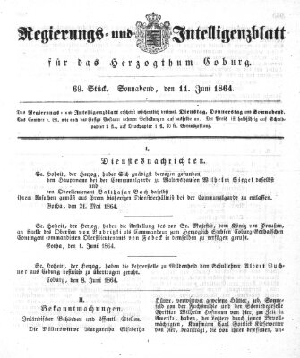 Regierungs- und Intelligenzblatt für das Herzogtum Coburg (Coburger Regierungs-Blatt) Samstag 11. Juni 1864