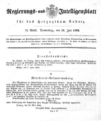 Regierungs- und Intelligenzblatt für das Herzogtum Coburg (Coburger Regierungs-Blatt) Donnerstag 16. Juni 1864