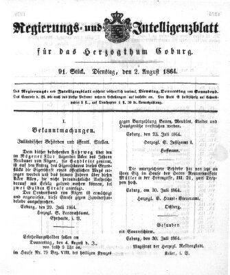 Regierungs- und Intelligenzblatt für das Herzogtum Coburg (Coburger Regierungs-Blatt) Dienstag 2. August 1864