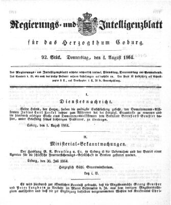 Regierungs- und Intelligenzblatt für das Herzogtum Coburg (Coburger Regierungs-Blatt) Donnerstag 4. August 1864