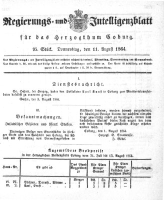 Regierungs- und Intelligenzblatt für das Herzogtum Coburg (Coburger Regierungs-Blatt) Donnerstag 11. August 1864