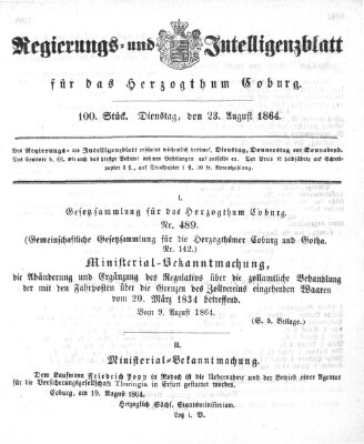 Regierungs- und Intelligenzblatt für das Herzogtum Coburg (Coburger Regierungs-Blatt) Dienstag 23. August 1864