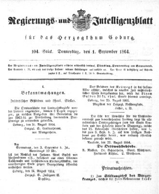 Regierungs- und Intelligenzblatt für das Herzogtum Coburg (Coburger Regierungs-Blatt) Donnerstag 1. September 1864