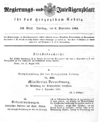 Regierungs- und Intelligenzblatt für das Herzogtum Coburg (Coburger Regierungs-Blatt) Dienstag 6. September 1864