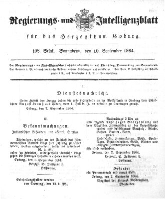 Regierungs- und Intelligenzblatt für das Herzogtum Coburg (Coburger Regierungs-Blatt) Samstag 10. September 1864