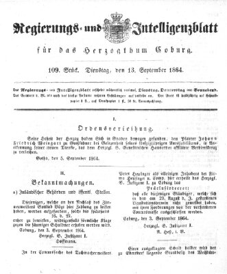 Regierungs- und Intelligenzblatt für das Herzogtum Coburg (Coburger Regierungs-Blatt) Dienstag 13. September 1864