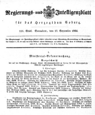 Regierungs- und Intelligenzblatt für das Herzogtum Coburg (Coburger Regierungs-Blatt) Samstag 17. September 1864