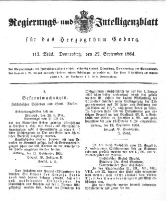 Regierungs- und Intelligenzblatt für das Herzogtum Coburg (Coburger Regierungs-Blatt) Donnerstag 22. September 1864