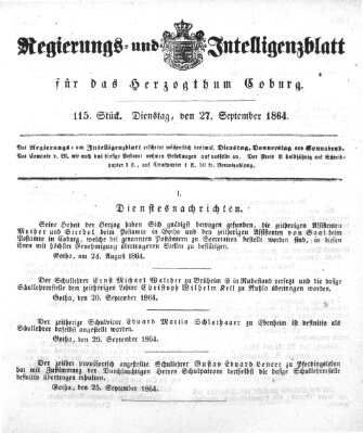 Regierungs- und Intelligenzblatt für das Herzogtum Coburg (Coburger Regierungs-Blatt) Dienstag 27. September 1864