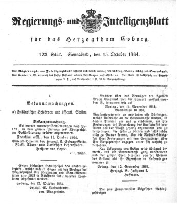 Regierungs- und Intelligenzblatt für das Herzogtum Coburg (Coburger Regierungs-Blatt) Samstag 15. Oktober 1864