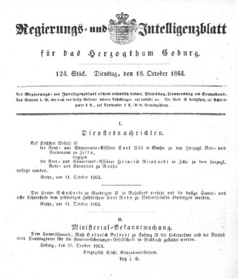 Regierungs- und Intelligenzblatt für das Herzogtum Coburg (Coburger Regierungs-Blatt) Dienstag 18. Oktober 1864