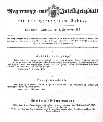 Regierungs- und Intelligenzblatt für das Herzogtum Coburg (Coburger Regierungs-Blatt) Dienstag 8. November 1864