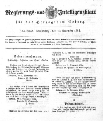 Regierungs- und Intelligenzblatt für das Herzogtum Coburg (Coburger Regierungs-Blatt) Donnerstag 10. November 1864