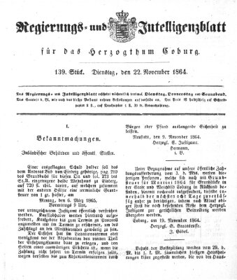 Regierungs- und Intelligenzblatt für das Herzogtum Coburg (Coburger Regierungs-Blatt) Dienstag 22. November 1864