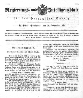 Regierungs- und Intelligenzblatt für das Herzogtum Coburg (Coburger Regierungs-Blatt) Samstag 26. November 1864