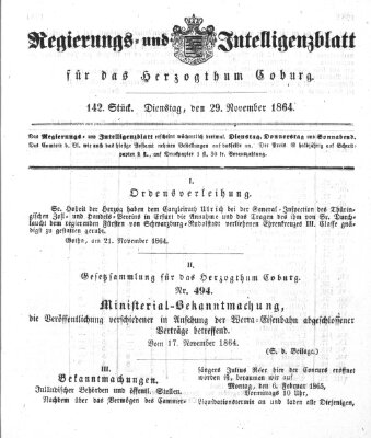 Regierungs- und Intelligenzblatt für das Herzogtum Coburg (Coburger Regierungs-Blatt) Dienstag 29. November 1864