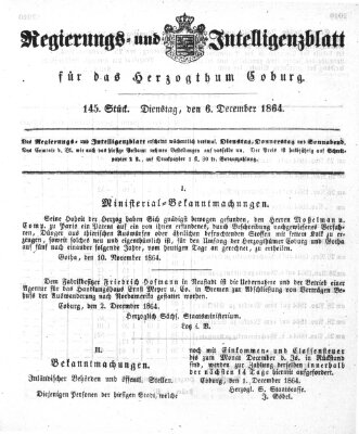 Regierungs- und Intelligenzblatt für das Herzogtum Coburg (Coburger Regierungs-Blatt) Dienstag 6. Dezember 1864