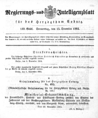 Regierungs- und Intelligenzblatt für das Herzogtum Coburg (Coburger Regierungs-Blatt) Donnerstag 15. Dezember 1864