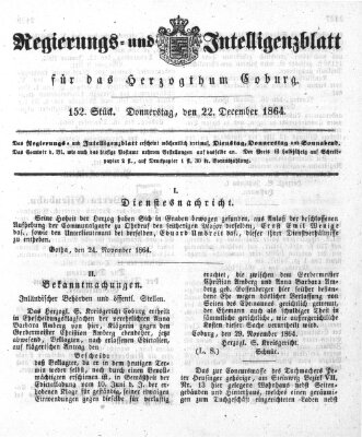 Regierungs- und Intelligenzblatt für das Herzogtum Coburg (Coburger Regierungs-Blatt) Donnerstag 22. Dezember 1864