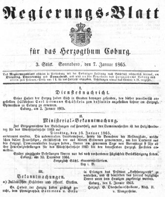 Regierungs-Blatt für das Herzogtum Coburg (Coburger Regierungs-Blatt) Samstag 7. Januar 1865