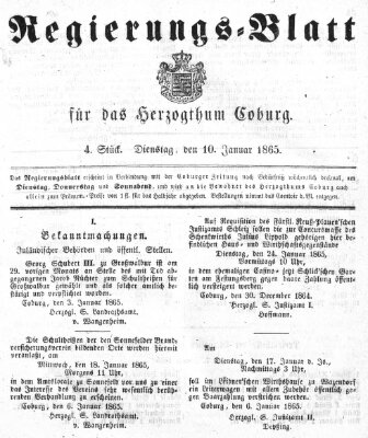 Regierungs-Blatt für das Herzogtum Coburg (Coburger Regierungs-Blatt) Dienstag 10. Januar 1865