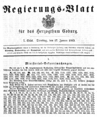 Regierungs-Blatt für das Herzogtum Coburg (Coburger Regierungs-Blatt) Dienstag 17. Januar 1865