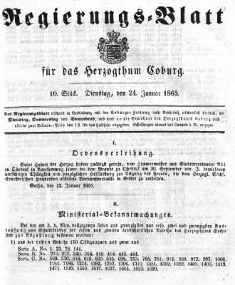 Regierungs-Blatt für das Herzogtum Coburg (Coburger Regierungs-Blatt) Dienstag 24. Januar 1865