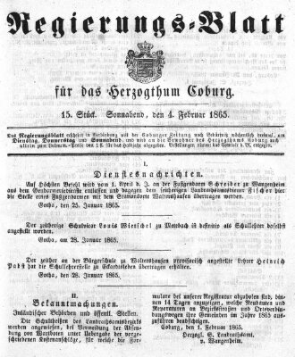 Regierungs-Blatt für das Herzogtum Coburg (Coburger Regierungs-Blatt) Samstag 4. Februar 1865