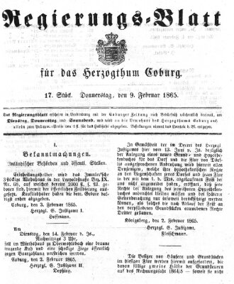 Regierungs-Blatt für das Herzogtum Coburg (Coburger Regierungs-Blatt) Donnerstag 9. Februar 1865