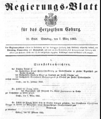 Regierungs-Blatt für das Herzogtum Coburg (Coburger Regierungs-Blatt) Dienstag 7. März 1865