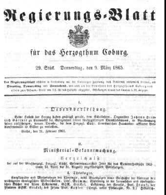 Regierungs-Blatt für das Herzogtum Coburg (Coburger Regierungs-Blatt) Donnerstag 9. März 1865